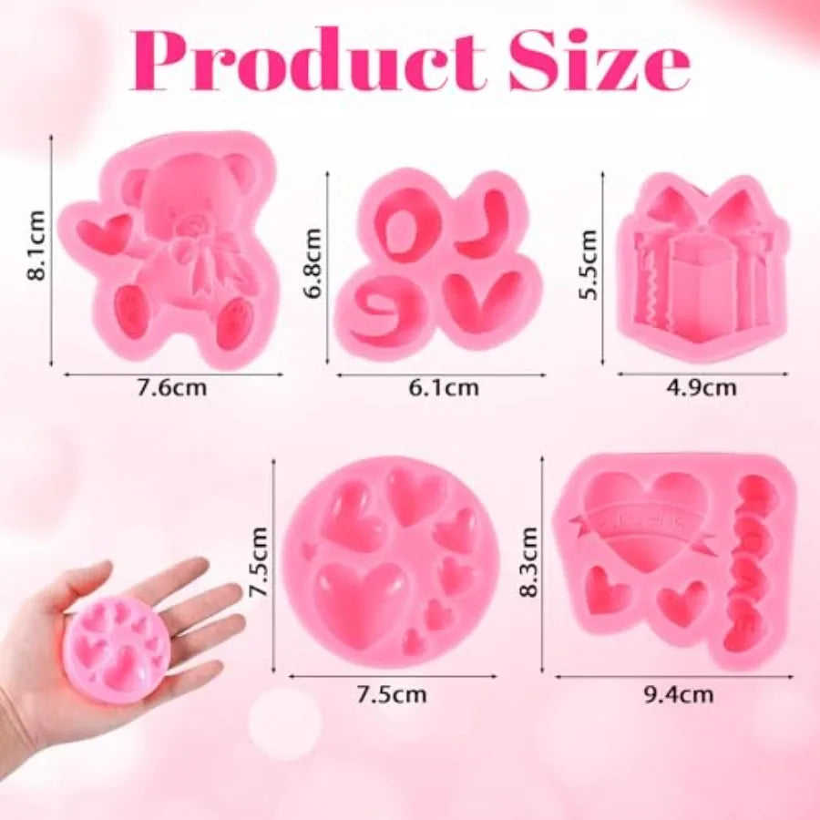 5Pcs Heart Chocolate Molds Silicone Set Valentine Silicone Chocolate Molds with Bear LOVE Letter and Gift Box Shapes Red Silico