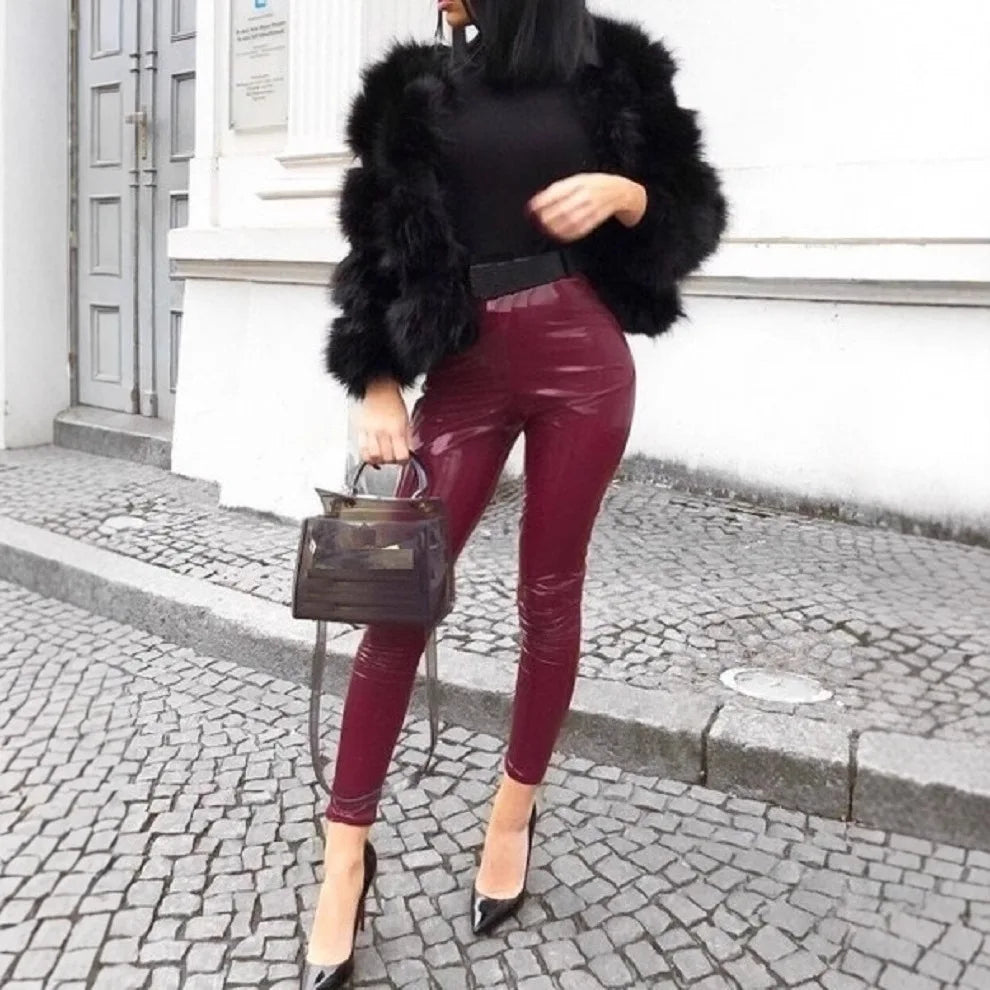 Pants women 2025 casual Spring summer patent leather mid-waist thin tight pink stylish commuting trousers PU leather tight pants