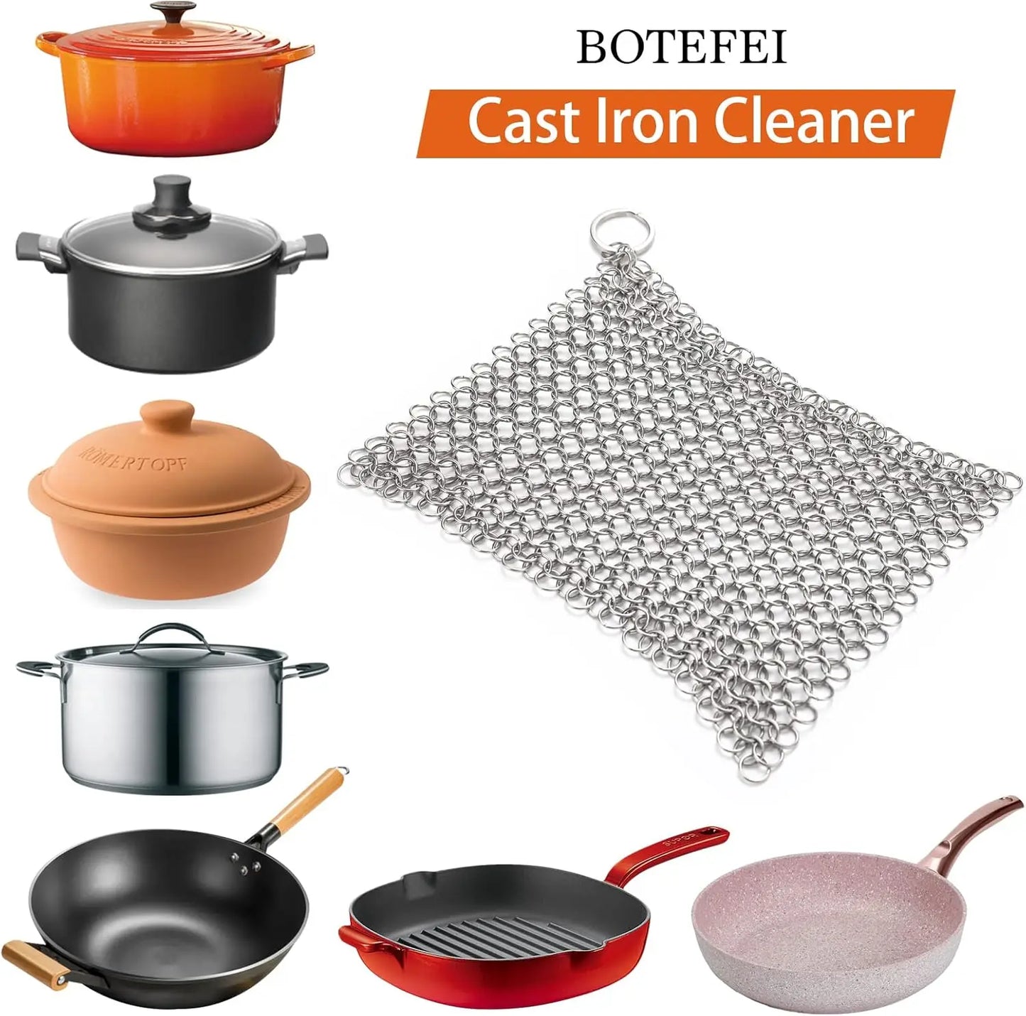 316L Stainless Steel Chainmail Scrubber for Cast Iron Pans, Griddles, and Pots - Dishwasher Safe
