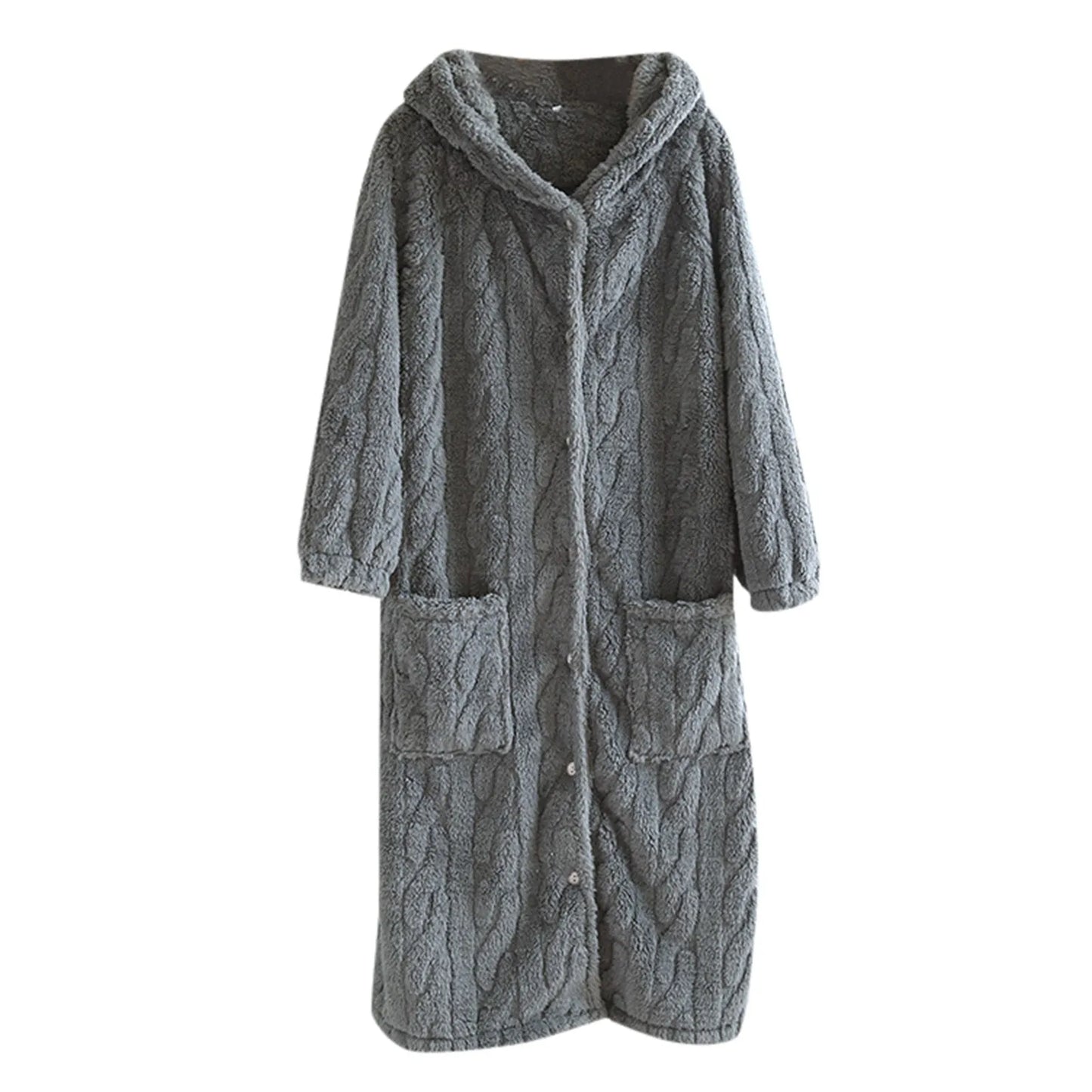Women'S Loose Hooded Robe Nightgowns With Thick Plush Long Autumn/Winter Coral Fleece Bathrobe With Big Pockets Woman Nightwear