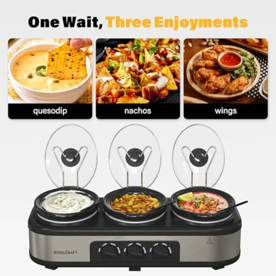 Triple Slow Cooker Buffet Server with 10 Cooking Liners Adjustable Temperature Settings Dishwasher Safe for Parties Holidays an