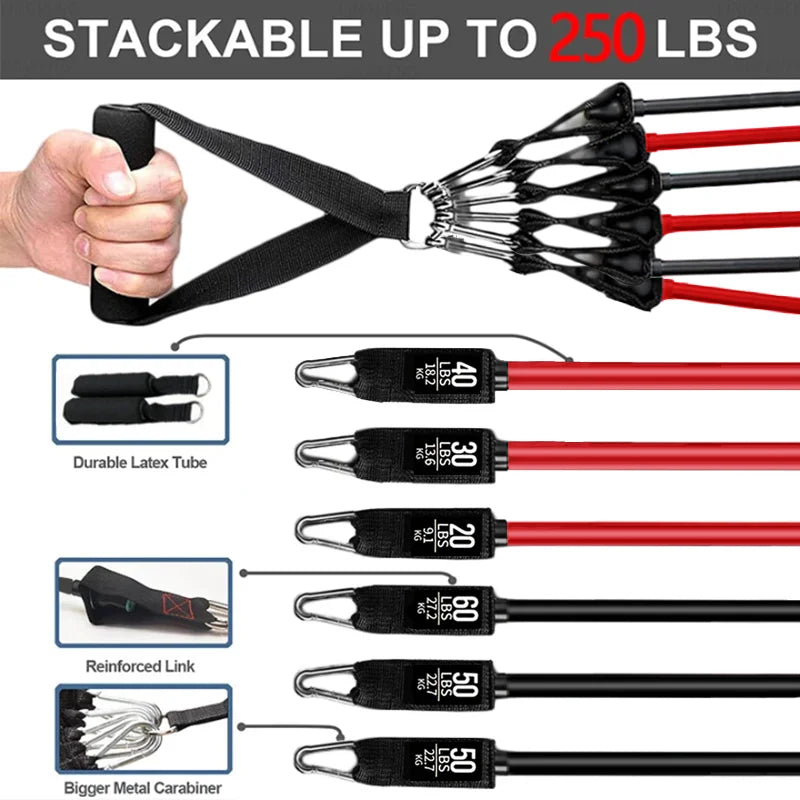 Resistance Bands Set 250lbs Elastic Exercise Bands with Door Anchor, Handles, Ankle Straps and Carry Bag, Indoor Outdoor Fitness