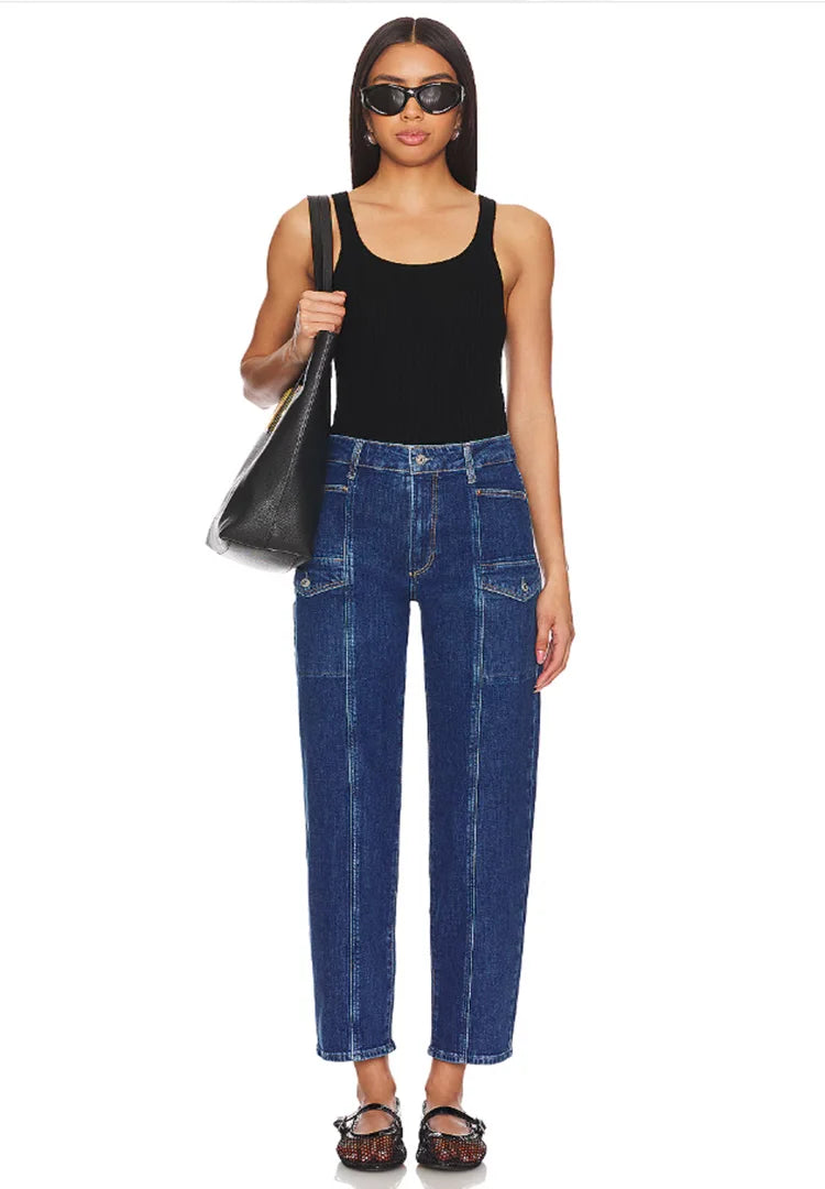 Fashion wash dark blue front pocket bone-breaking women's low stretch slim straight-tight casual nine-point jeans