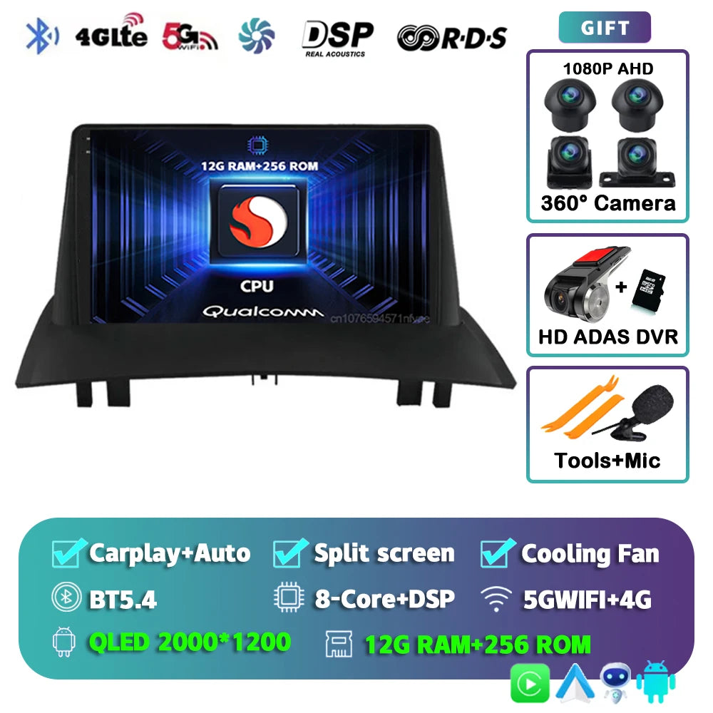 Android 15 For Renault Megane 2 2002-2009 2K QLED Android Car Radio Multimedia Video Player GPS Stereo CarPlay 4G Navigationv BT
