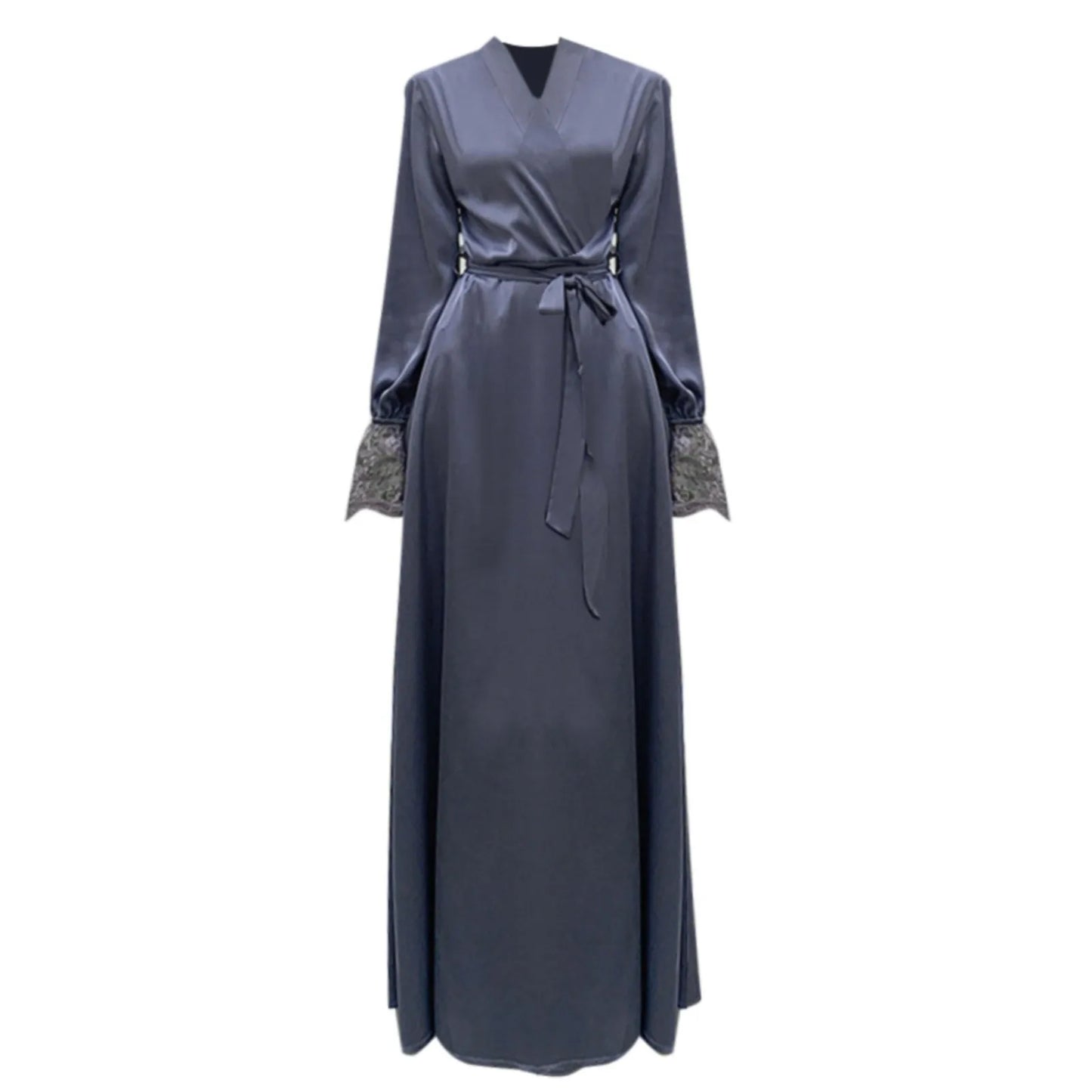 Elegant Women Luxury Sexy Lace Pajama Flare Sleeve Long Cardigan Satin Ice Silk V Neck Backless Kimono Homewear Women Bathrobe