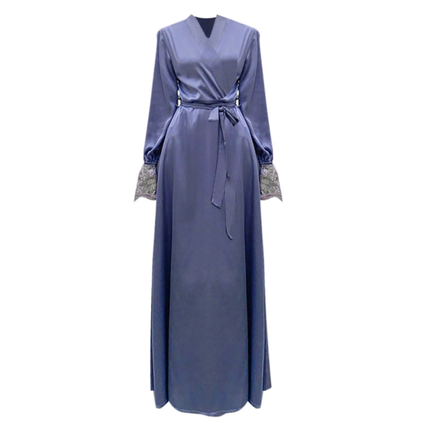 Elegant Women Luxury Sexy Lace Pajama Flare Sleeve Long Cardigan Satin Ice Silk V Neck Backless Kimono Homewear Women Bathrobe