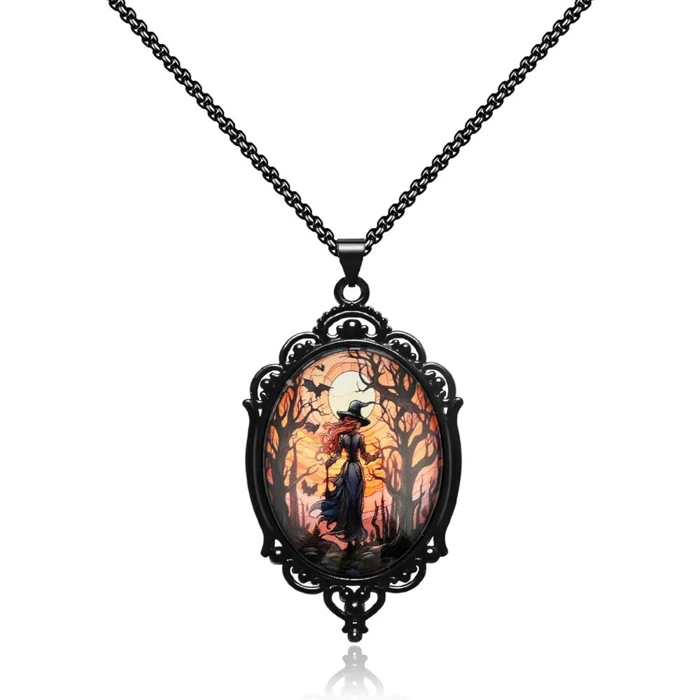 Gothic Necklace, Witch Raven Locket Necklace as Goth Accessories for Halloween Costume Jewelry for Women, Bat Pendant Rose Vampi