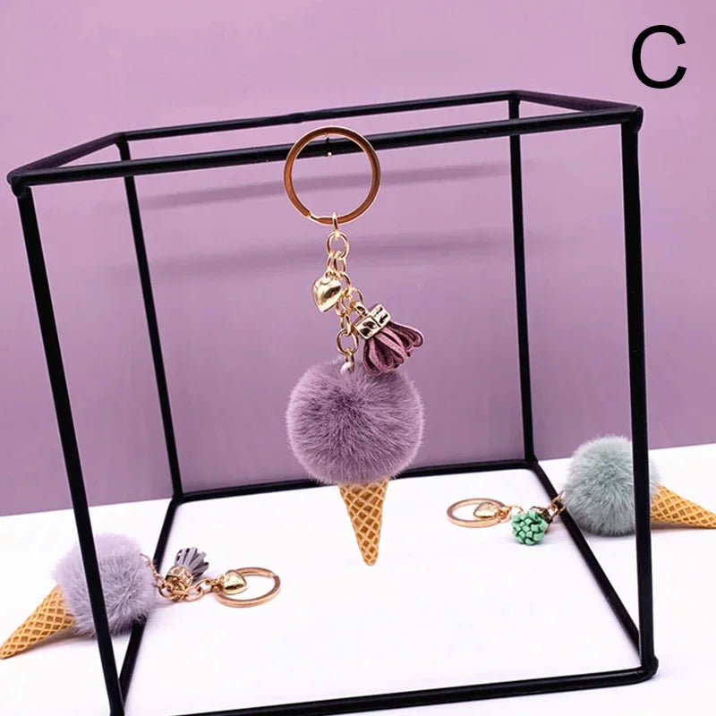 New Ice Cream Keychains for Women Men Plush Pompom Key Chain Rings Pendant Keyring Holder Charm Bag Jewelry Gifts