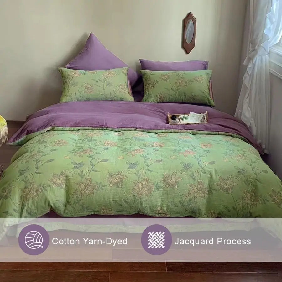 Linen Cotton Jacquard Duvet Cover Queen,3 Pcs YarnDyed Textured Duvet Cover Set Green Purple Floral Bedding Breathable, Natural