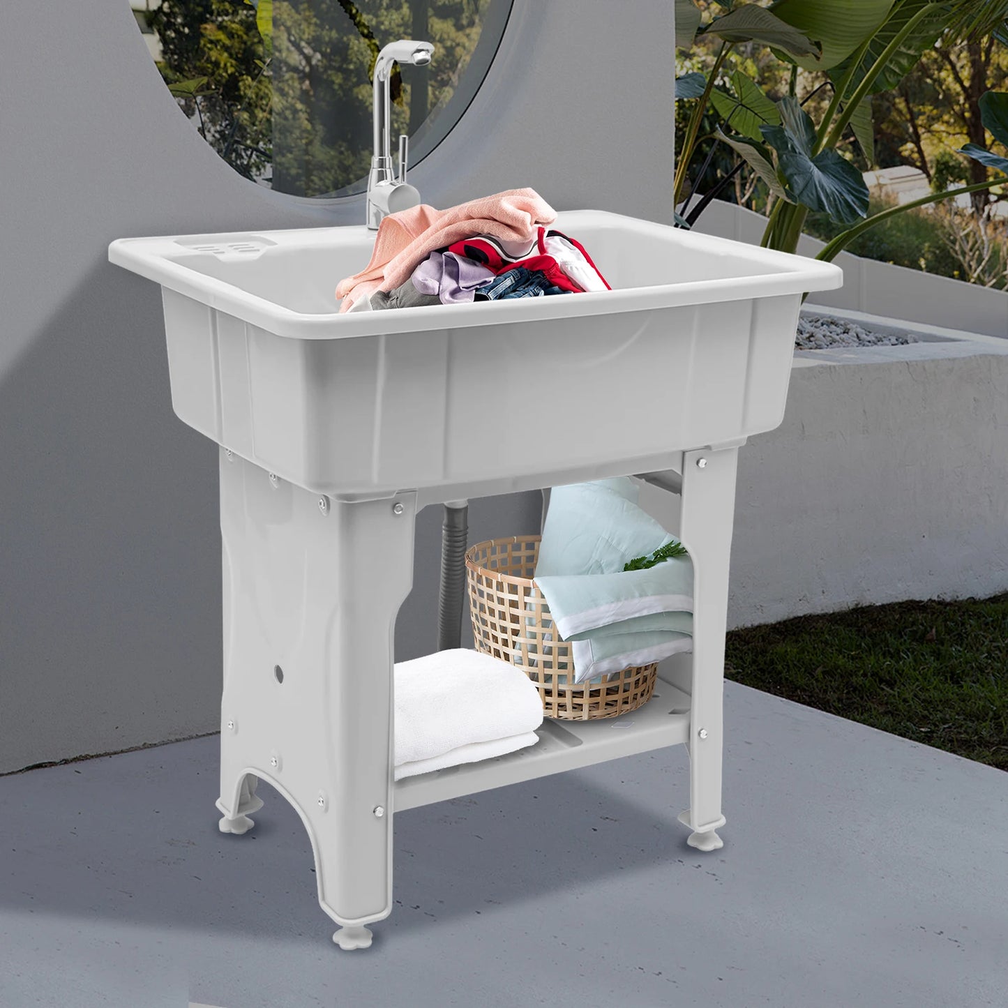 Large 70kg Capacity Modern Rectangular Laundry Sink, Gray Spacious Utility Tub & Wash Station, Complete with Storage Shelf