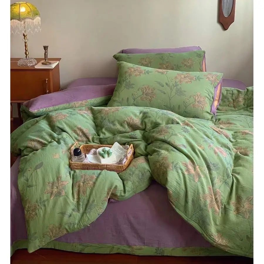 Linen Cotton Jacquard Duvet Cover Queen,3 Pcs YarnDyed Textured Duvet Cover Set Green Purple Floral Bedding Breathable, Natural