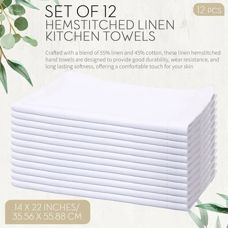 12 Pcs 14 x 22 White Linen Hemstitched Hand Towel Linen Tea Towels for Embroidery Dish Towels for Bathroom Kitchen Home