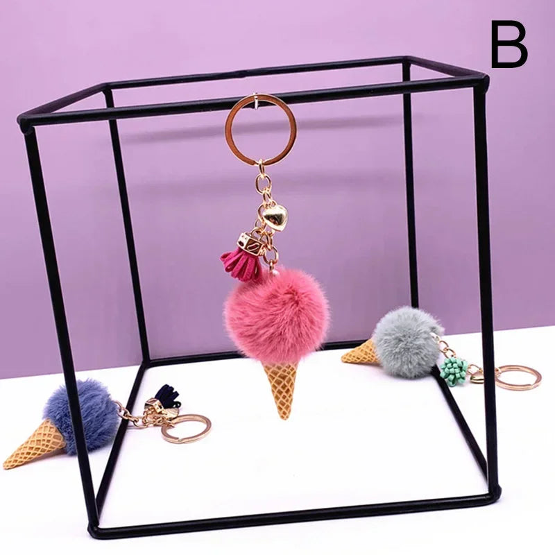 New Ice Cream Keychains for Women Men Plush Pompom Key Chain Rings Pendant Keyring Holder Charm Bag Jewelry Gifts