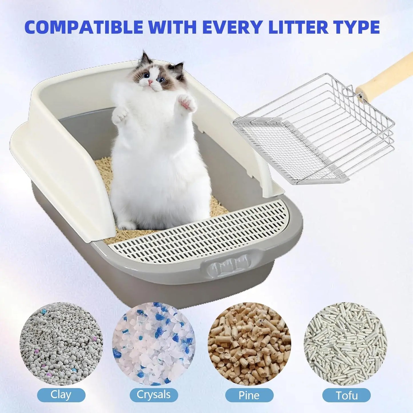 Stainless Steel Cat Litter Scoop with Wooden Handle, Dual-Mesh Sifter and Wall Hook for Easy Cleaning