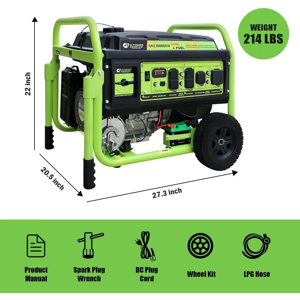 13000W Dual Fuel Portable Generator, Gas/Propane, Electric Start, Home Backup & RV Ready