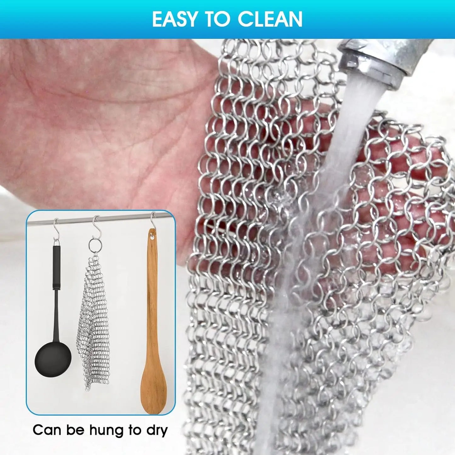 316L Stainless Steel Chainmail Scrubber for Cast Iron Pans, Griddles, and Pots - Dishwasher Safe