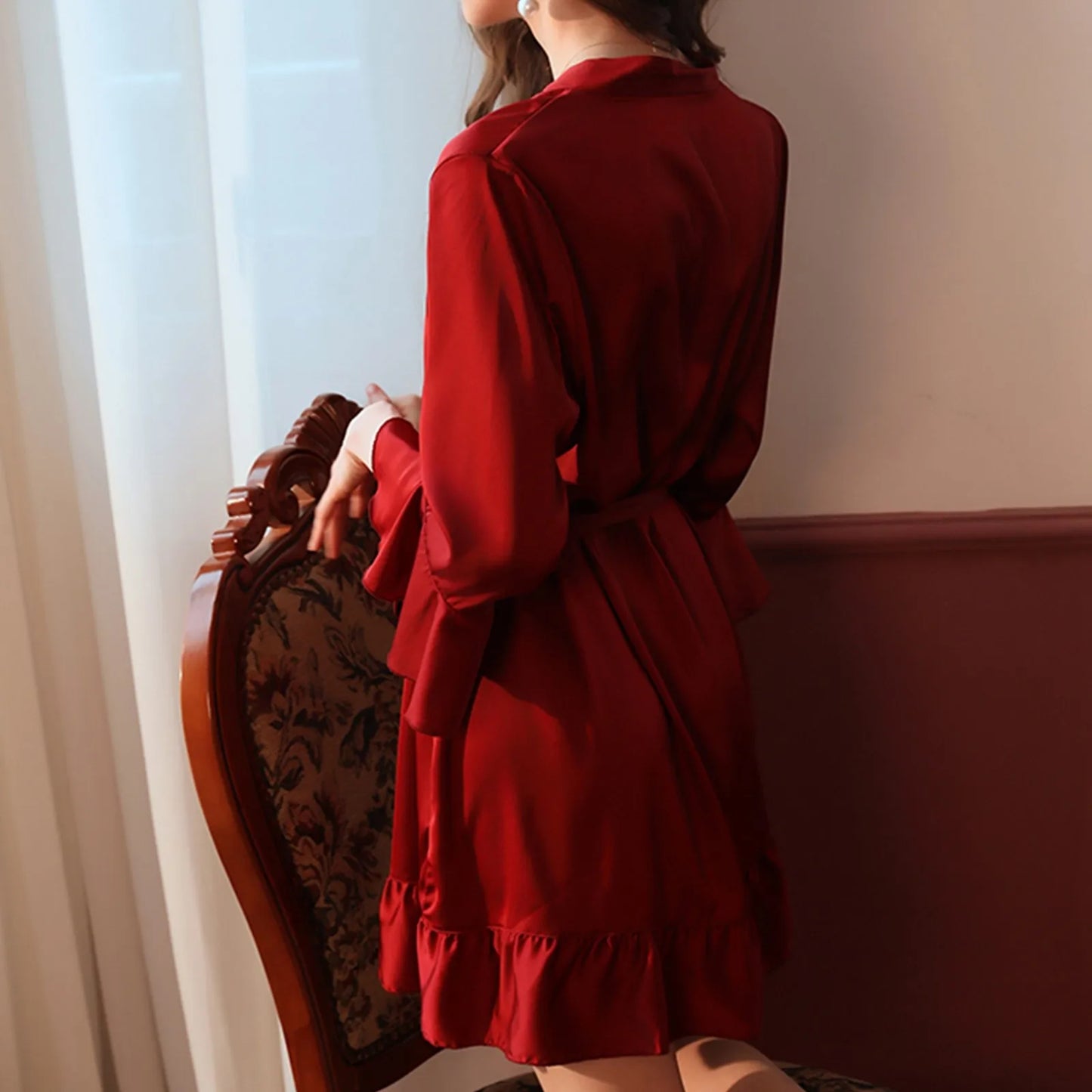 Sexy Lingerie For Women Autumn Winter Bride Robe Seductive Silk Kimono Ruffled Sleeves Sleepwear Kimono For Women New Pijama