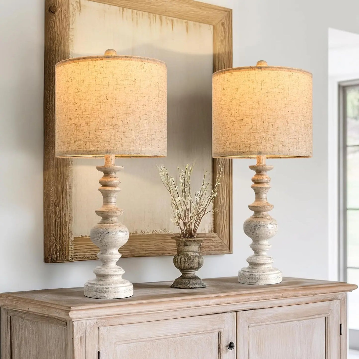 Set of 2 Vintage Farmhouse Table Lamps with Linen Shades, Rustic Bedside Lamps for Living Room and Bedroom