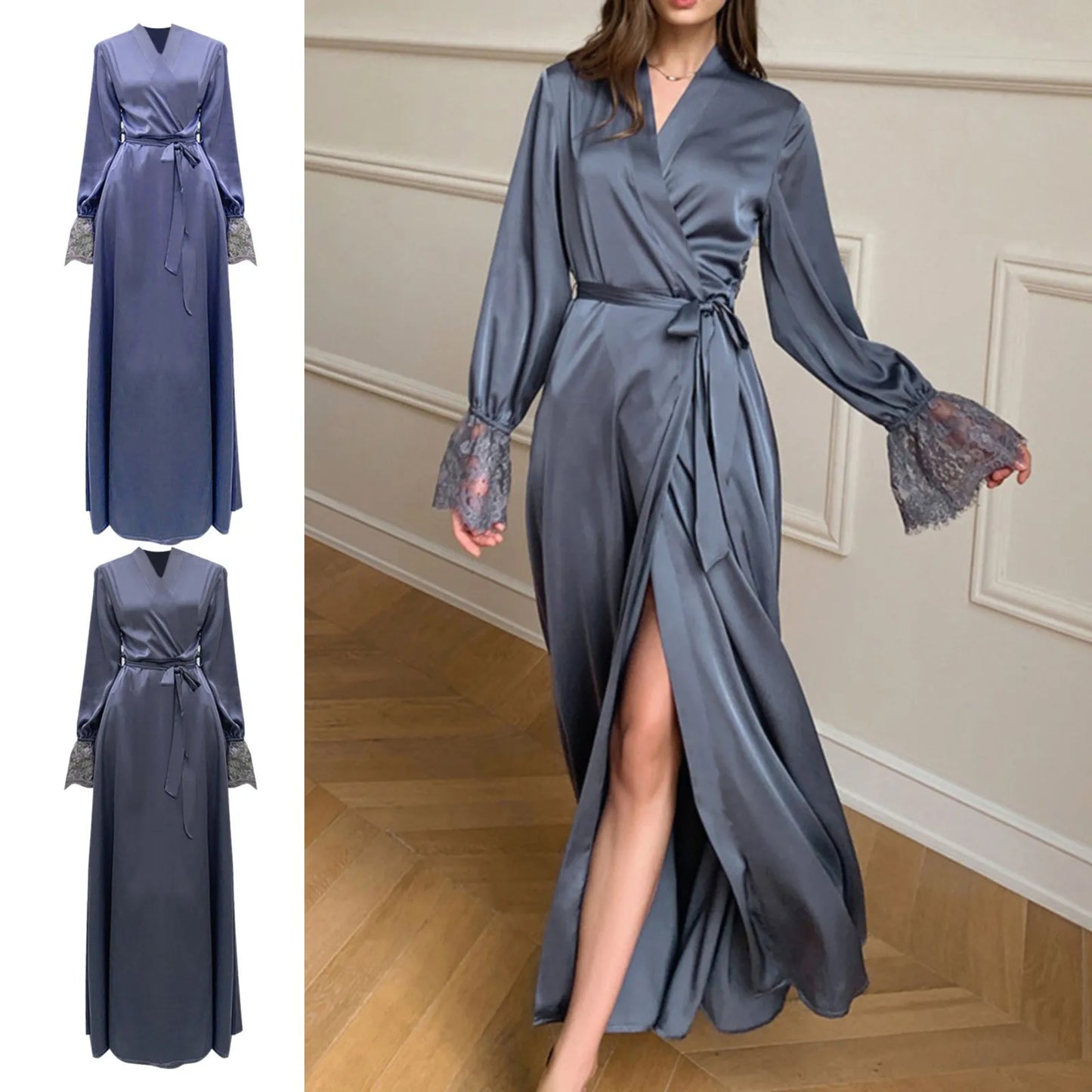 Elegant Women Luxury Sexy Lace Pajama Flare Sleeve Long Cardigan Satin Ice Silk V Neck Backless Kimono Homewear Women Bathrobe