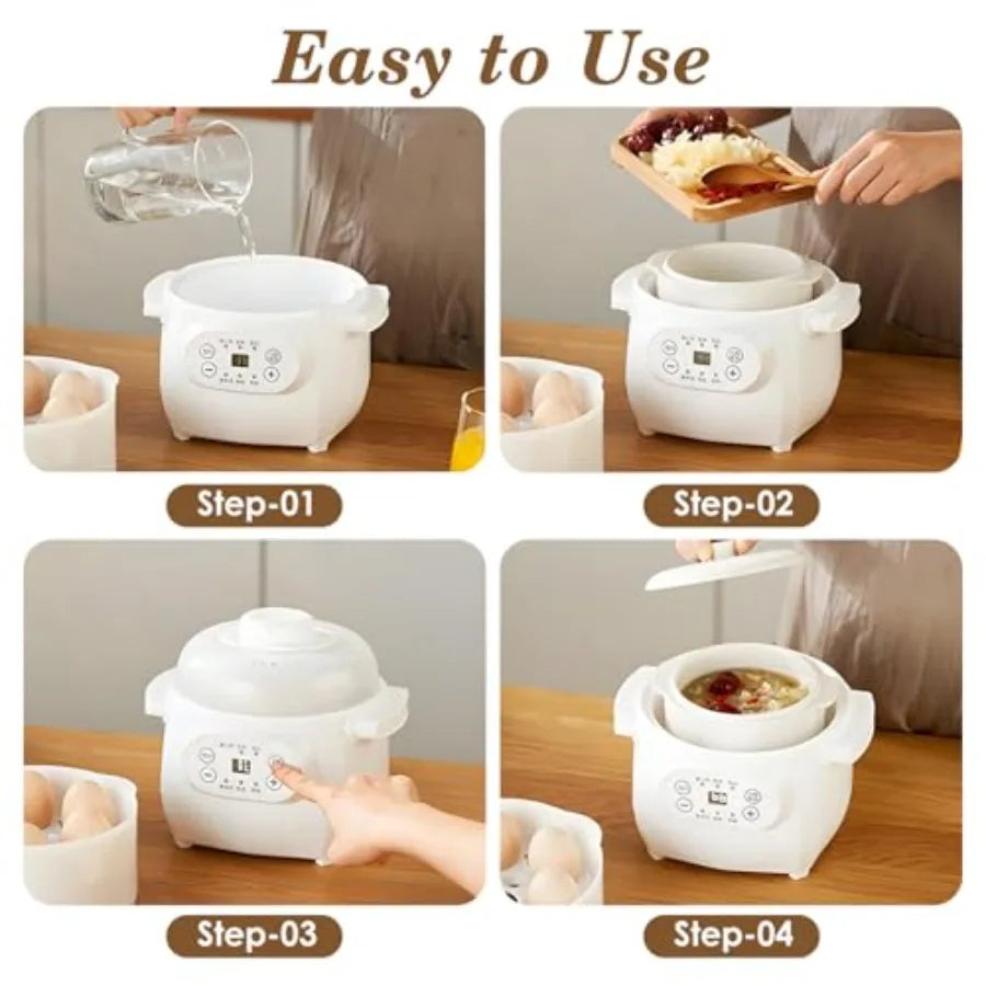 Electric Stew Pot 1L with Ceramic Liner - 200W Slow Cooker for Porridge Soup Rice Compact Versatile Kitchen Appliance in White