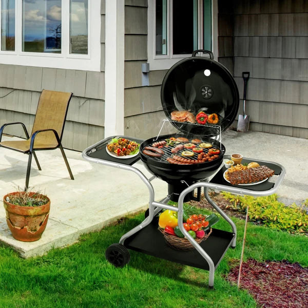 Kettle Charcoal Grill with 2 Side Tables, Storage Shelf, Upgraded Ash Catcher,Outdoor Cooking Barbecue Grill with Wheels