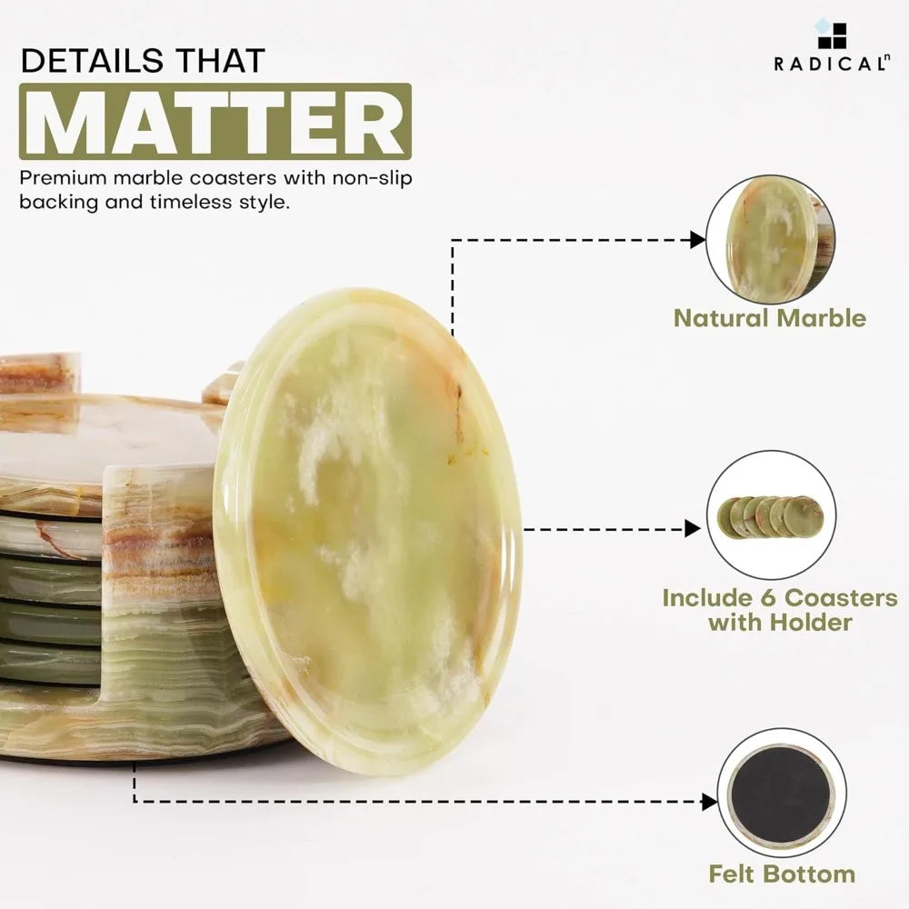 Green Onyx Marble Coasters Set of 6 with Holder, 3.5 Inch Round Drink Coasters for Table Decor