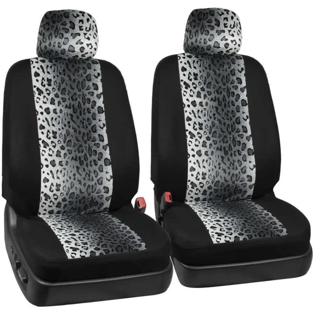 Leopard Print Car Seat Covers Full Set with Matching Accessories, Two-Tone Gray Cheetah Design for Women's Cars