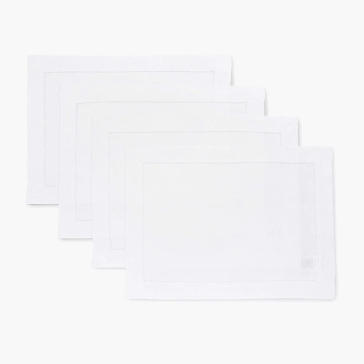 Set of 4 White Linen Placemats with Hemstitch, 14x19 Inch, Pure Linen Table Mats for Holidays and Special Occasions