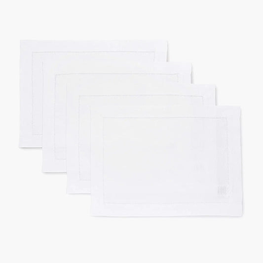 Set of 4 White Linen Placemats with Hemstitch, 14x19 Inch, Pure Linen Table Mats for Holidays and Special Occasions