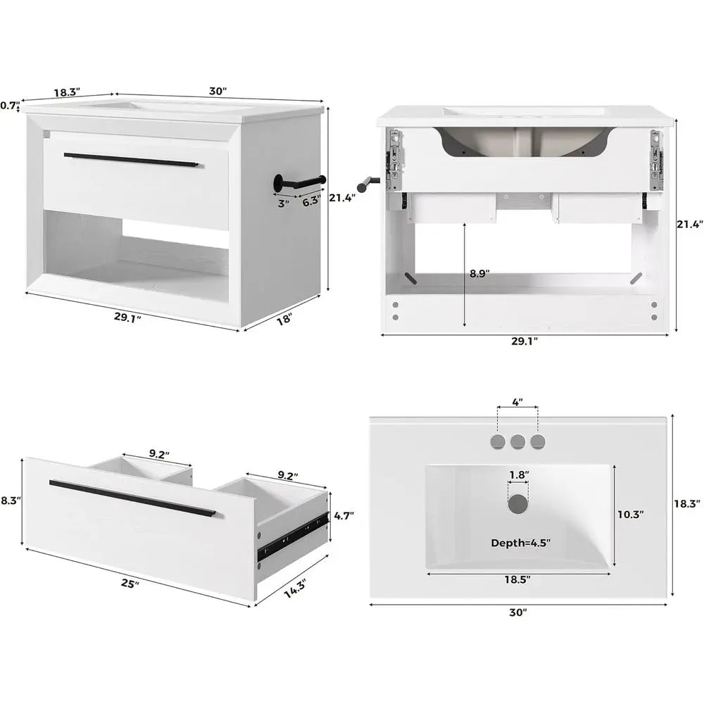 30" Bathroom Vanity with Sink, Wall Mounted Bathroom Vanity with 1 Der ＆ 1 Open Shel, ern loating Bathroom Sink Cabinet with Und