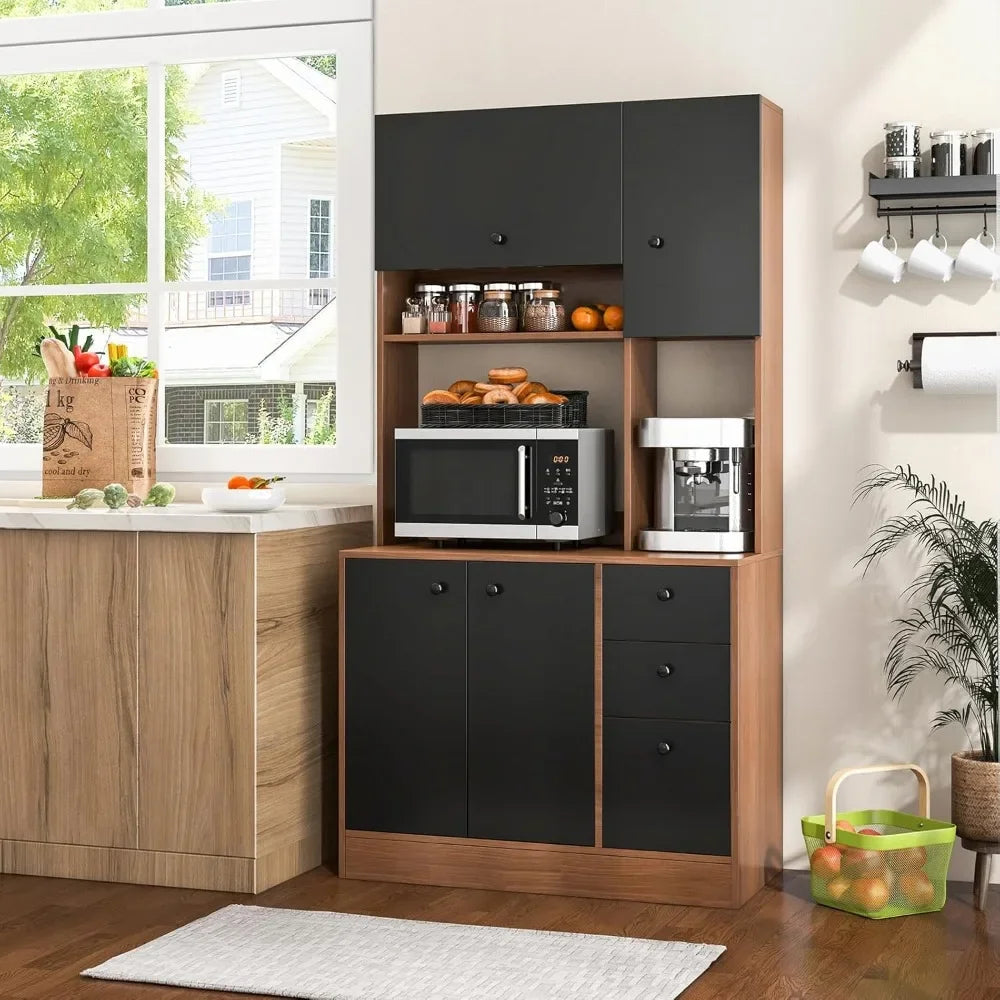 Kitchen Buffet Hutch Storage Cabinet, 71" Freestanding Pantry with 3 Cabinets & Drawers, Adjustable Shelves, Kitchen Cabinets