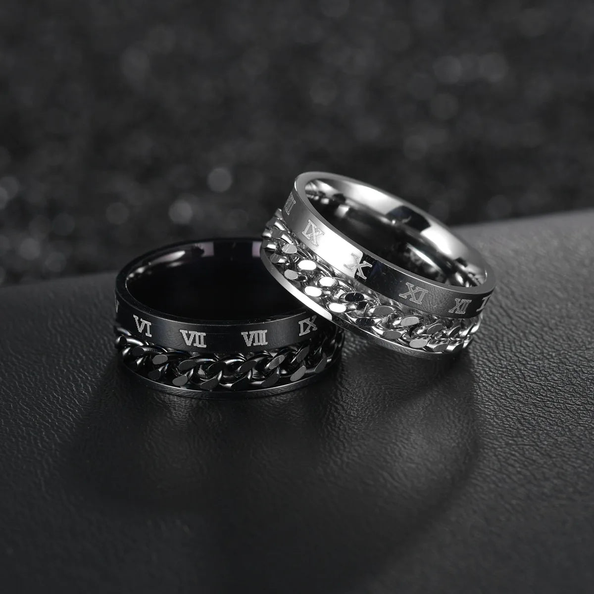 Roman Numerals Stainless Steel Chain Rotating Anxiety Black Rings For Men Fidget Metal Spinner  Ring Anillos De Hombre