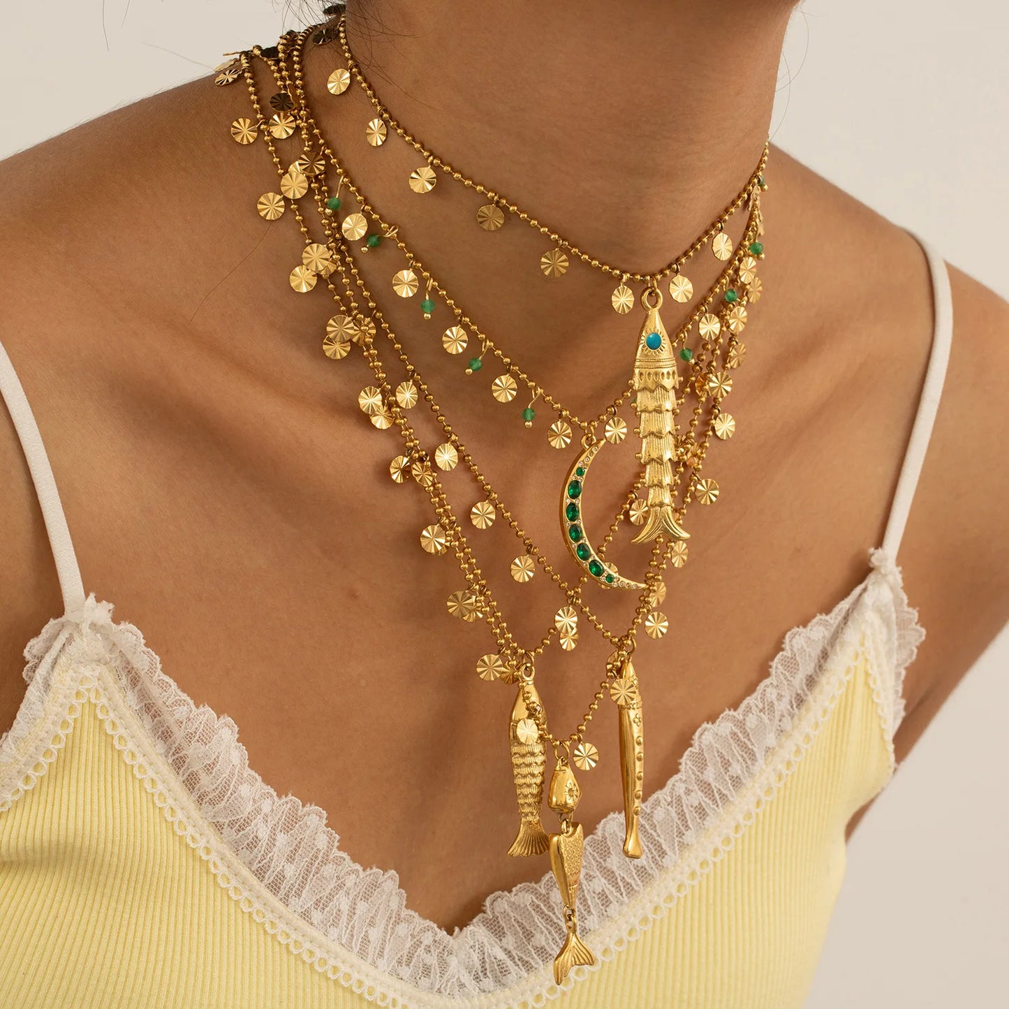 Bohemian Tassel Beaded Chain Necklaces For Women Stainless Steel Fish Pendant Necklace Waterproof Stackable Jewelry Gifts