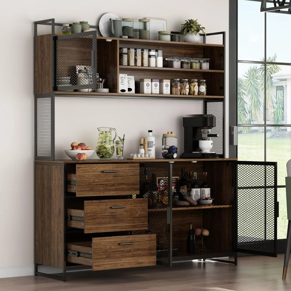 Large kitchenware storage cabinet, metal frame, drawers and microwave rack, independent kitchen storage cabinet