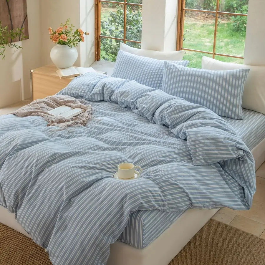 100 Washed Cotton Linen Like Duvet Cover Set,3 Pcs Striped Duvet Cover with Zipper ClosureStripCornflower Blue White,Queen