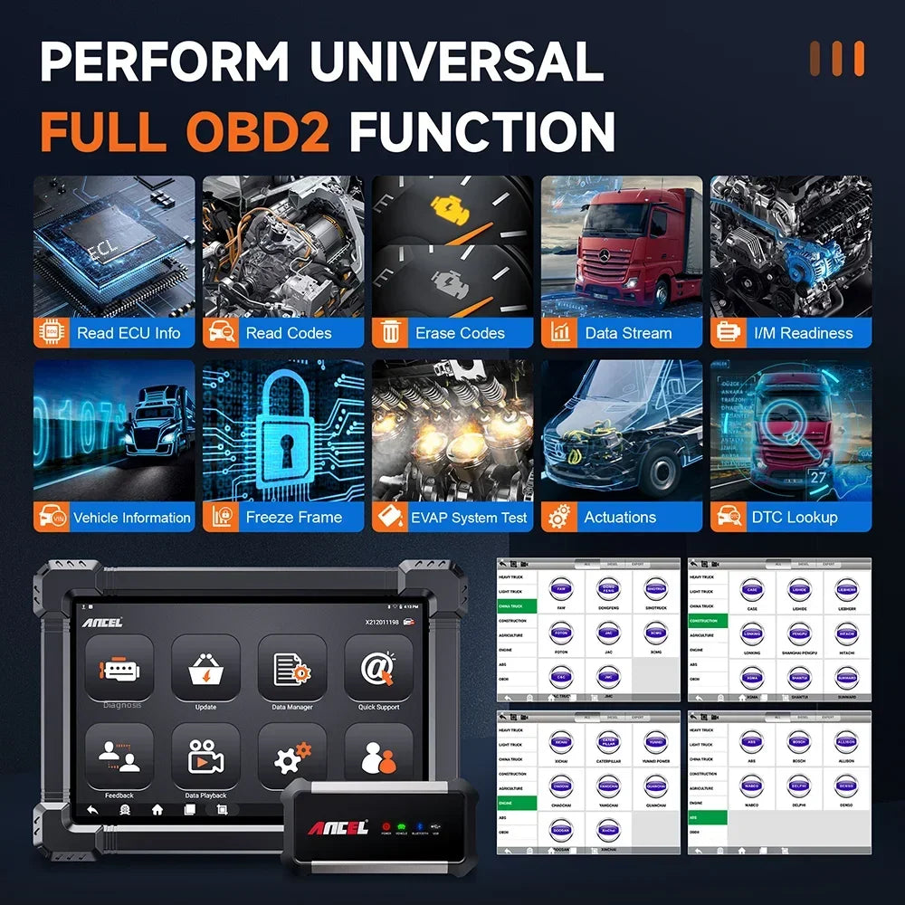 2026 Ancel X7 HD Diesel Heavy Duty Truck Diagnostic Tool ECU Oil Reset Bi-directional 24V 12V All System OBD2 Truck Scanner
