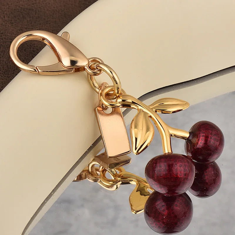 Luxury Keychain Handbag Decoration Car Key Pendant Cherry Golden Bear Keyring for Backpack Jewelry Accessories Surprise Gifts