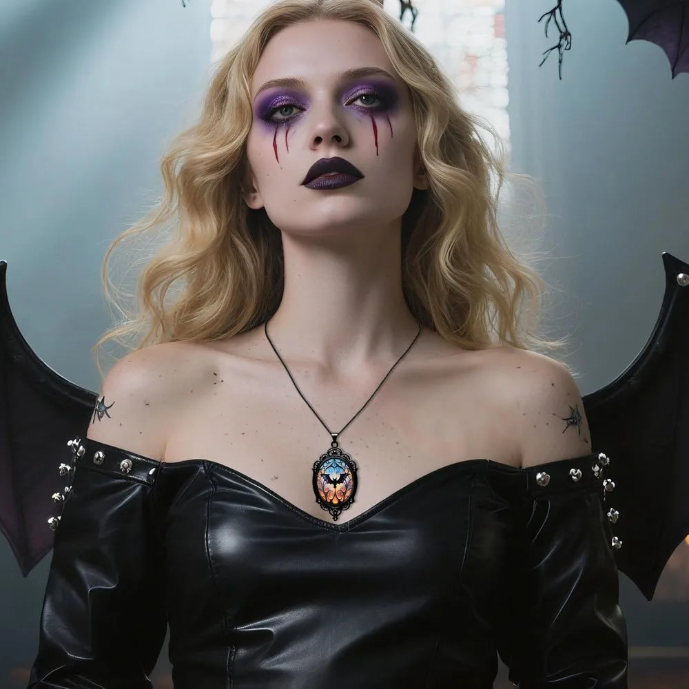 Gothic Necklace, Witch Raven Locket Necklace as Goth Accessories for Halloween Costume Jewelry for Women, Bat Pendant Rose Vampi