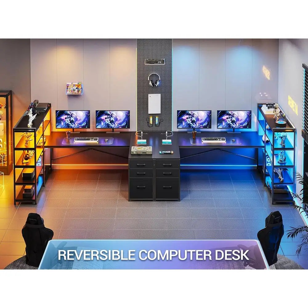L-Shaped Gaming Desk with Reversible Surface, LED Lights, Power Outlet, and Storage Shelves, Black
