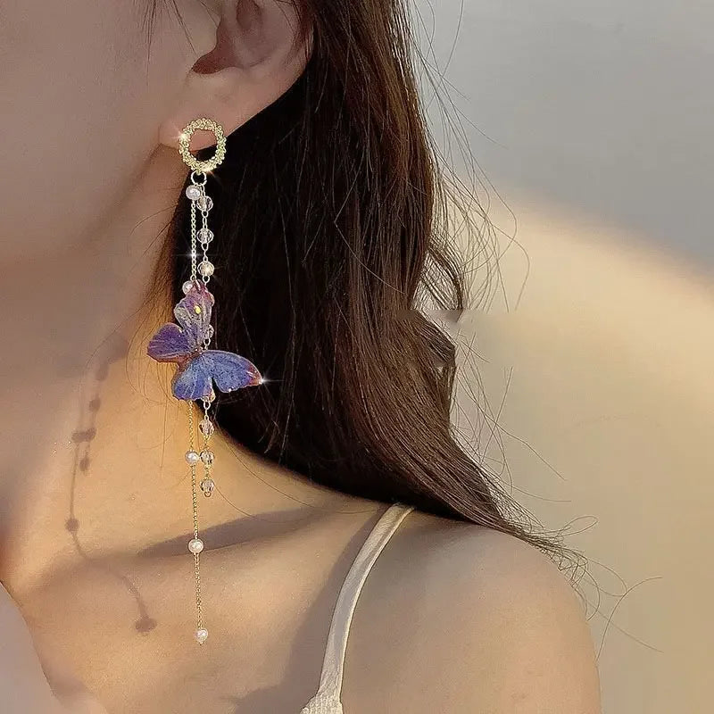 New Luxury Women Zircon Crystal Pearls Long Tassel Butterfly Earrings Stud Dangle Jewelry Gifts