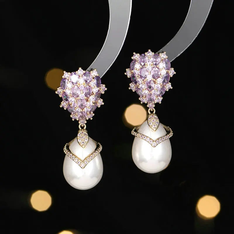 Inlaid Cubic Zirconia Earrings Elegant design Palace Style Droplet Imitation Pearl Like Women  Earrings