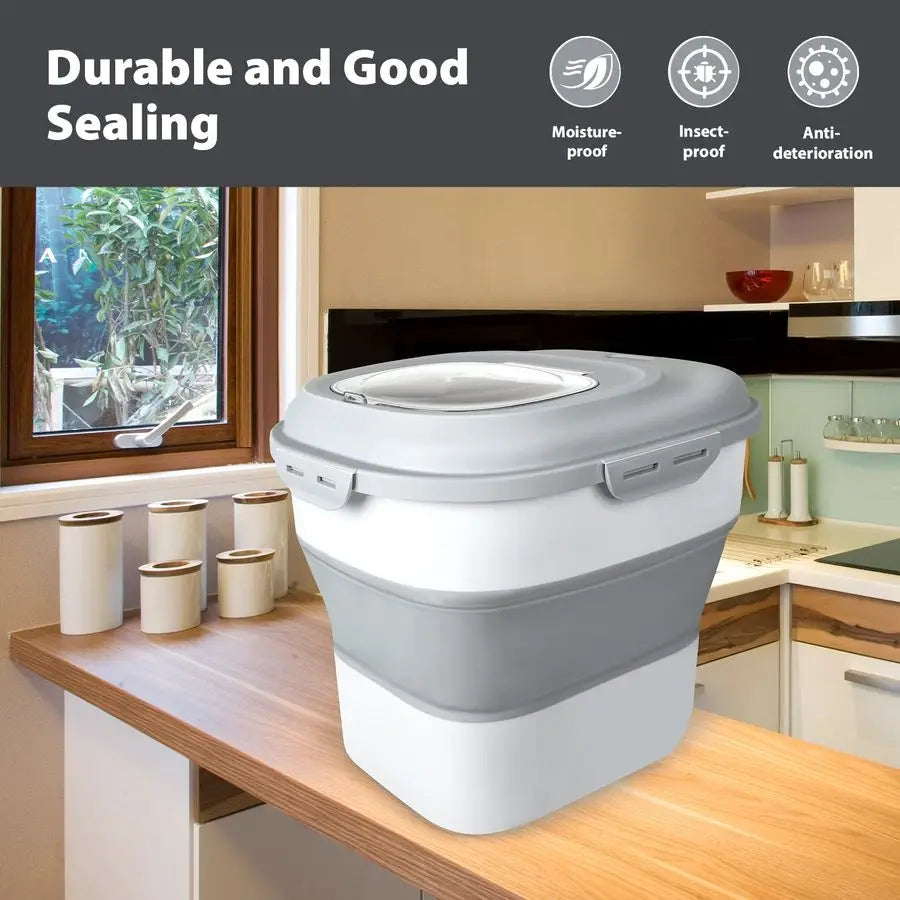 Rice Storage Containers, 20 to 50Lbs Collapsible Dry Food Dispenser Bins with Airtight Flip Lid Rolling Wheel, Kitchen Pantry to