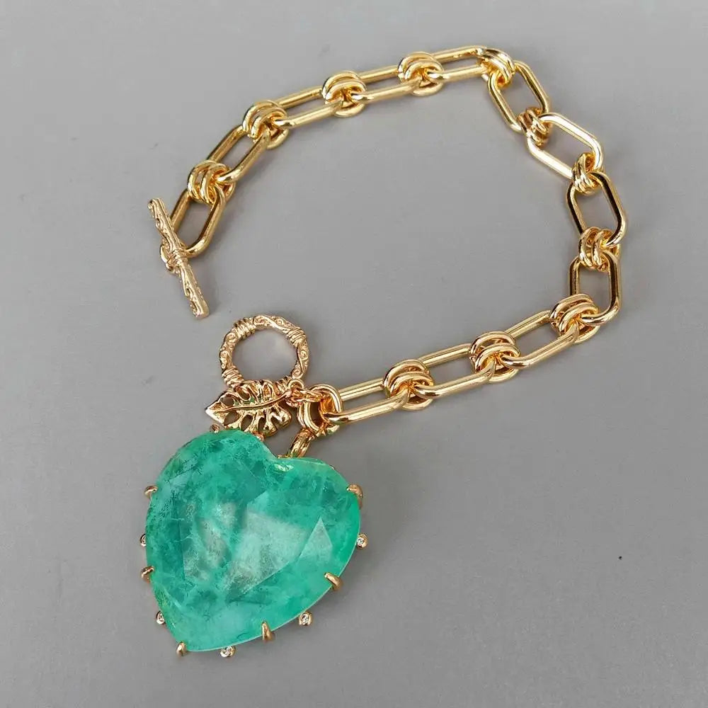 KKGEM  32mm Green Quartz Heart Charm Yellow Gold Plated Charm Link Chain Bracelet