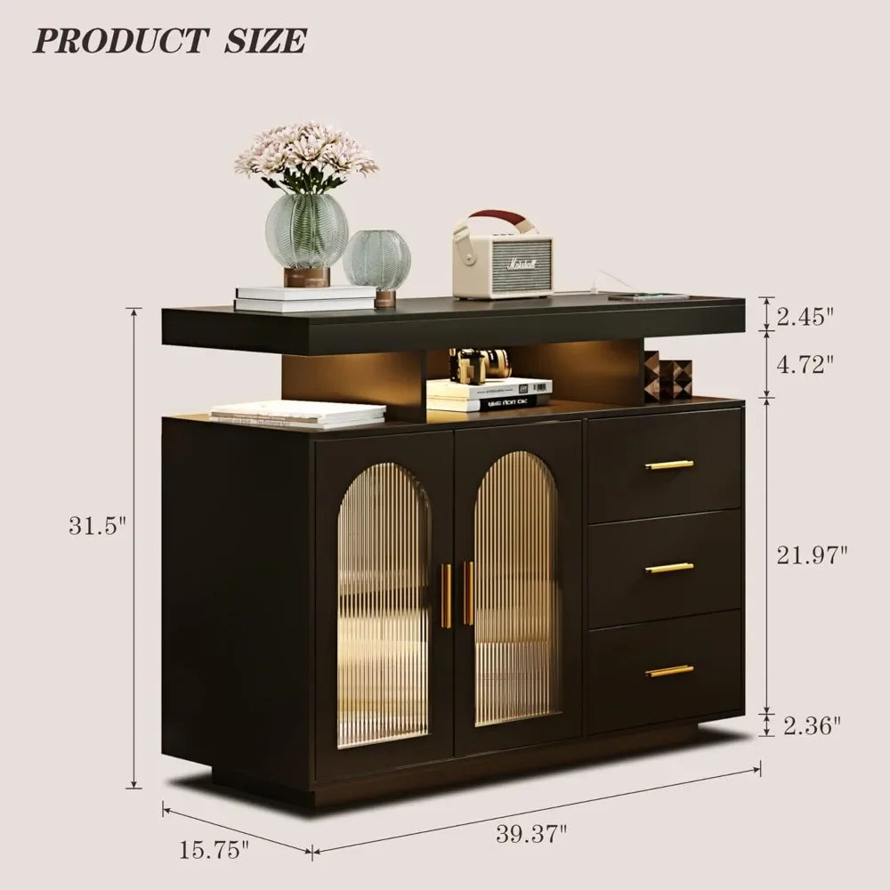 RGB LED Coffee Bar Cabinet Kitchen Storage Cabinet & Sideboard Buffet Cabinets for Dinning Room，Kitchen(Black)，Kitchen Cabinets