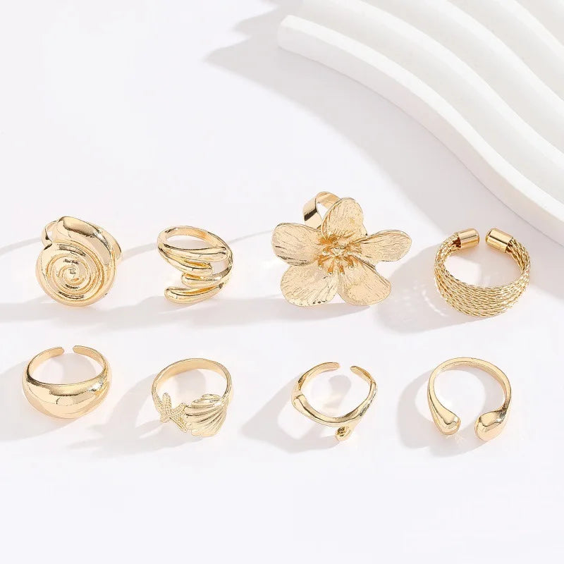 8Pcs New Irregular Metal Flower Open Ring for Women's Elegant Imitation Pearl Ring Jewelry Accessories Geometric Finger Ring Jew