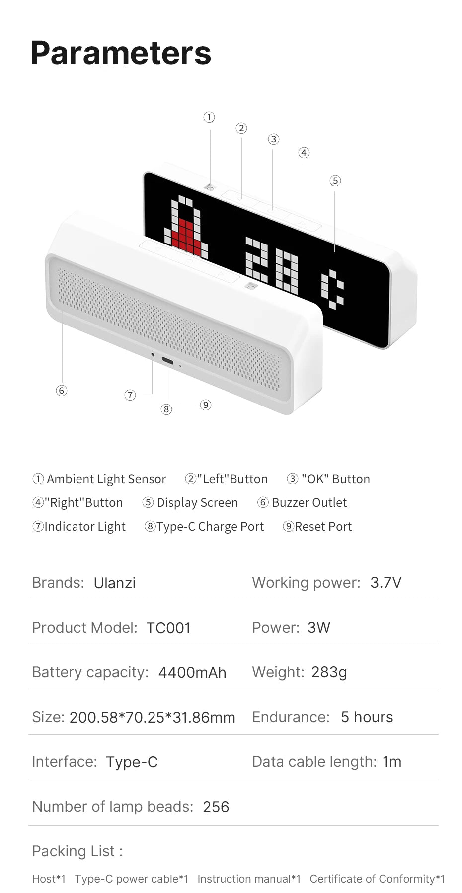 Ulanzi TC001 Smart Pixel Clock Weather Forecast Function Scientific Management of Time Full Color Pixel Display Clock
