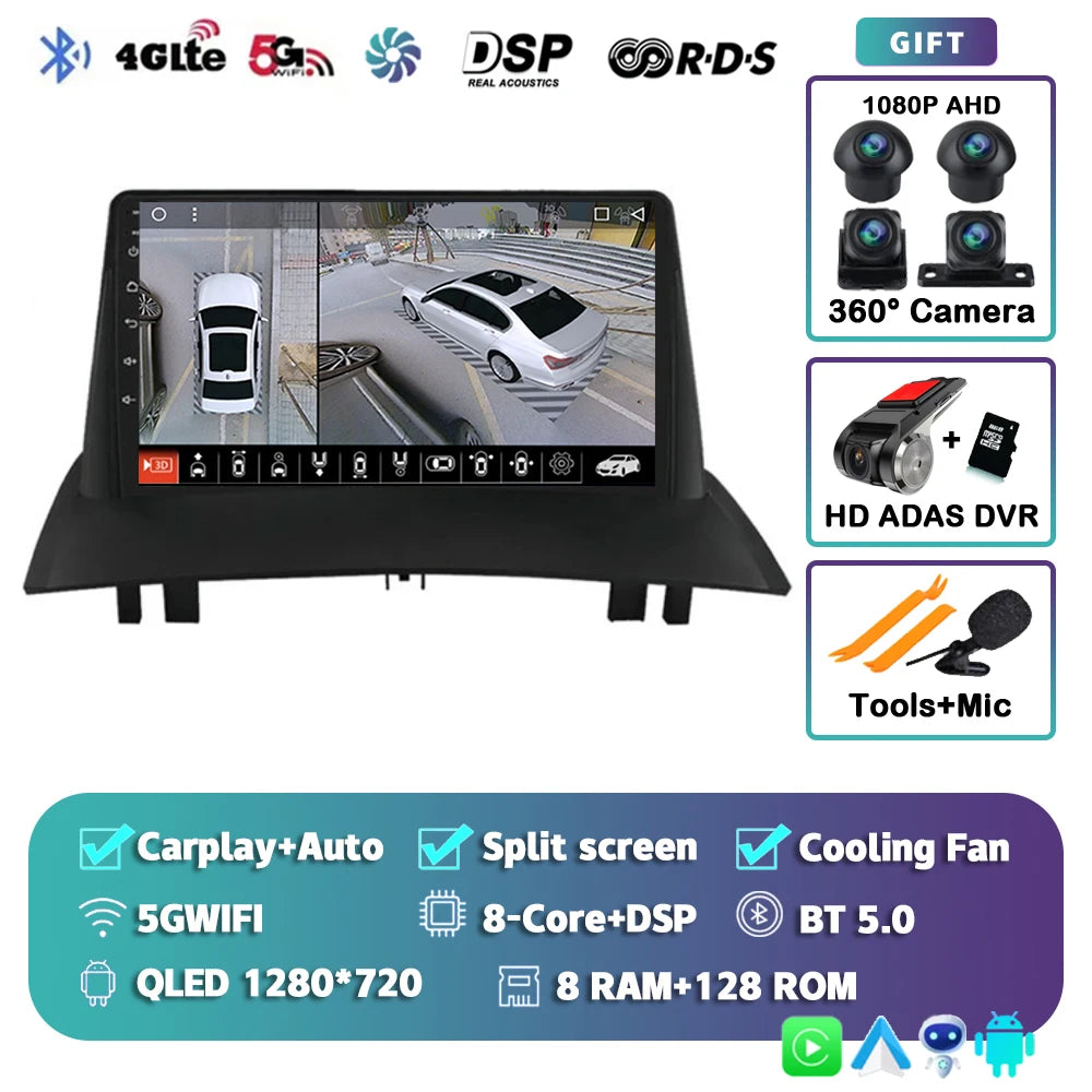 Android 15 For Renault Megane 2 2002-2009 2K QLED Android Car Radio Multimedia Video Player GPS Stereo CarPlay 4G Navigationv BT
