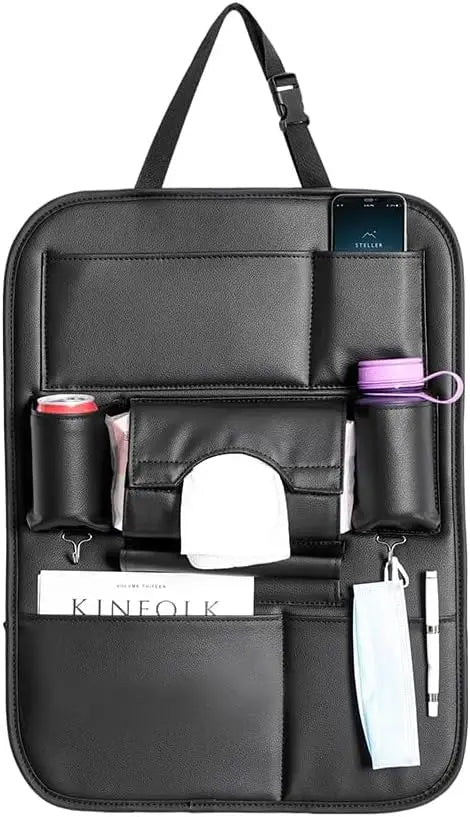 2 Pack Premium PU Leather Car Seat Back Organizer with Cup Holder and Kick Mats, Universal Fit for Travel Accessories