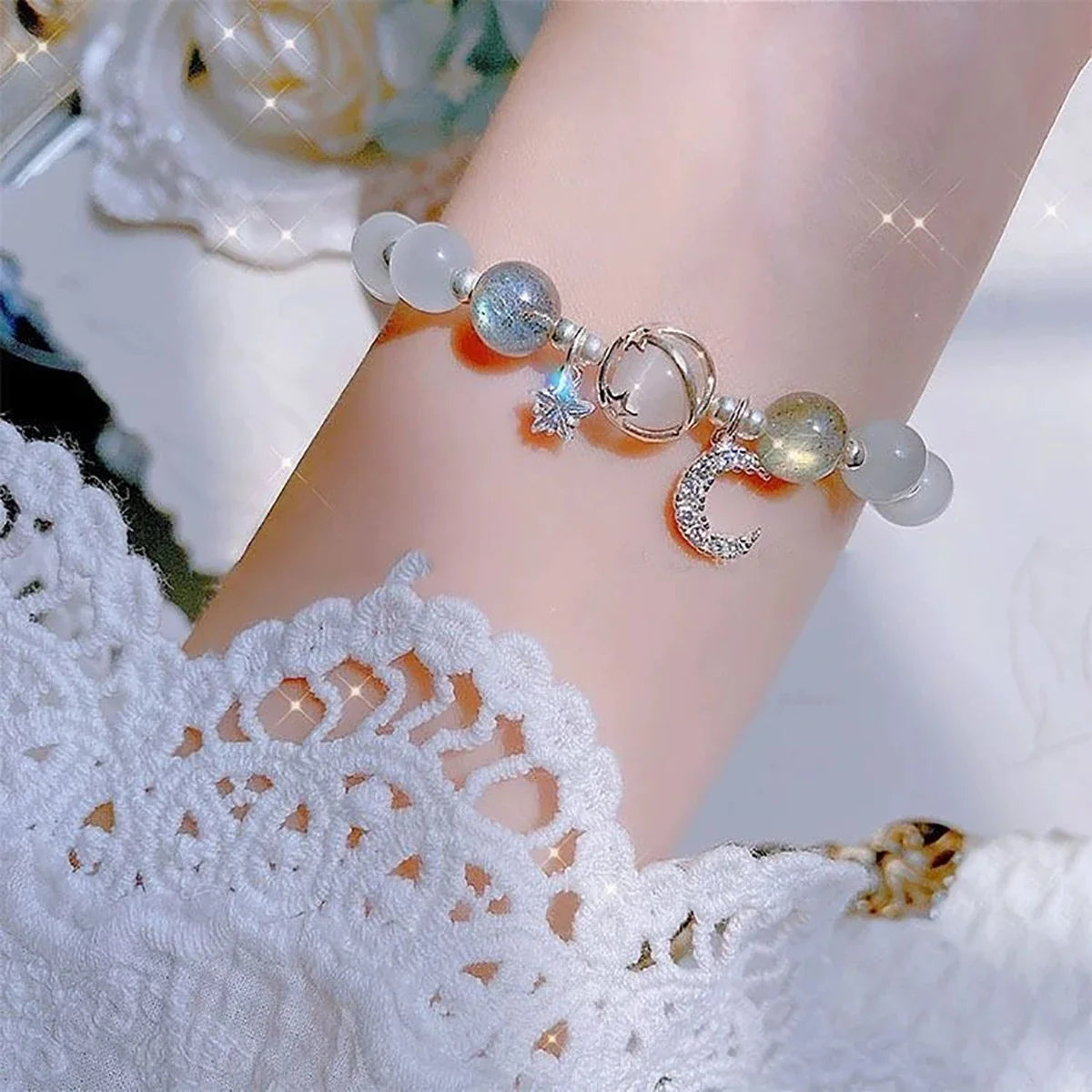 Blue Purple Color Opal Stone Bracelet For Women Girls Shiny Crystal Bracelets Moon Star Pendant Bangles Wristband Jewelry