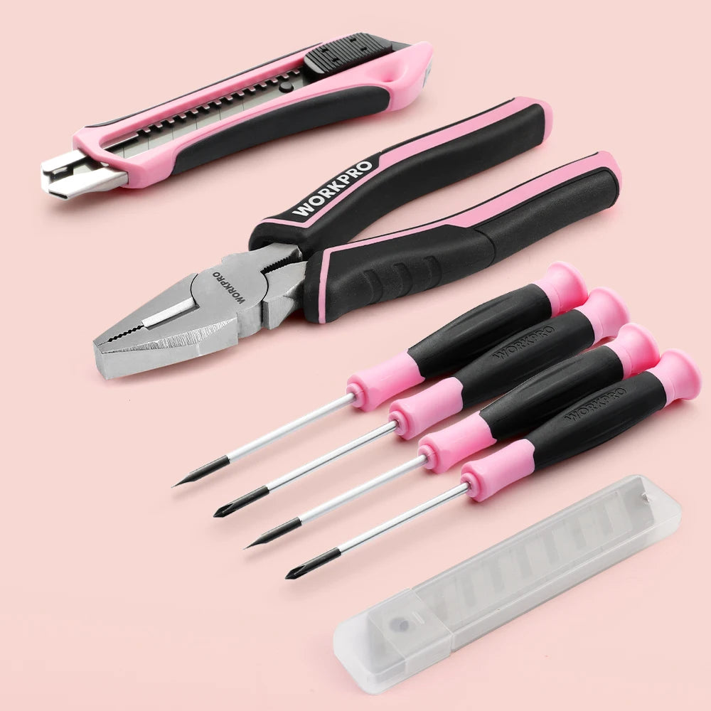 WORKPRO 53-Piece Pink Tool set with Electric Cordless Screwdriver, Basic Tool Kit Set for Women with 13'' Portable Tool Bag